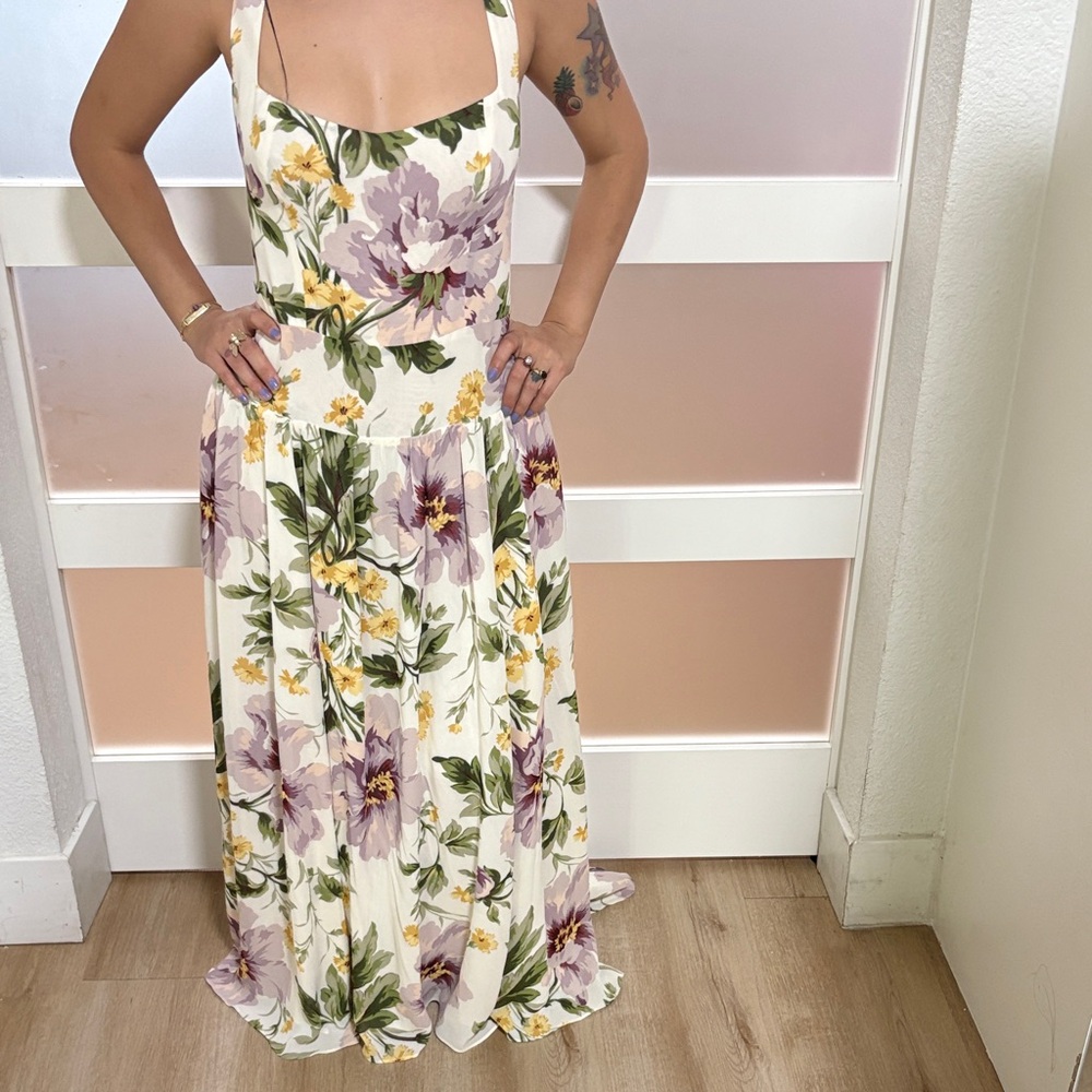 Reformation White Maxi Dress with Purple and Yellow Floral